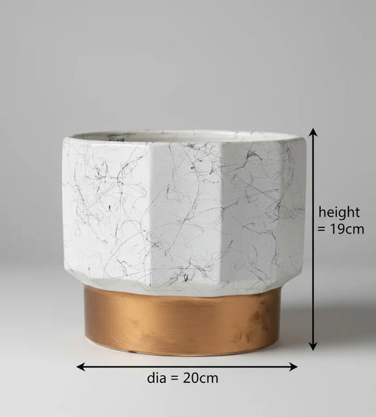 Nonagon White & Gold Finish Marble Finish Ceramic - 19CM