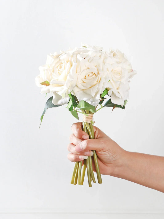 Artificial 10 HD Rose Flower Bunch – CREAM WHITE