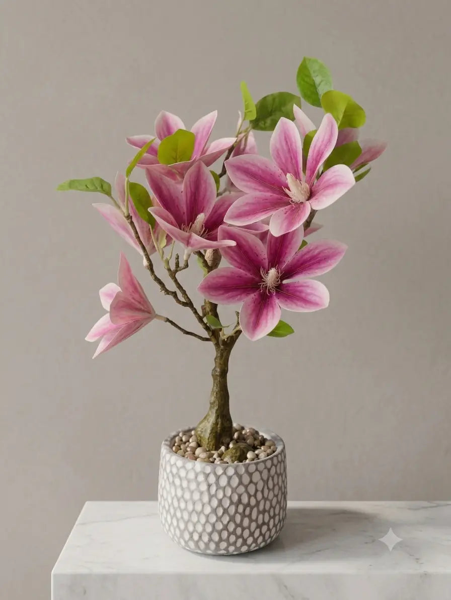 Artificial Magnolia Bonsai Tree in Grey Pot | Lifelike Desk Plant