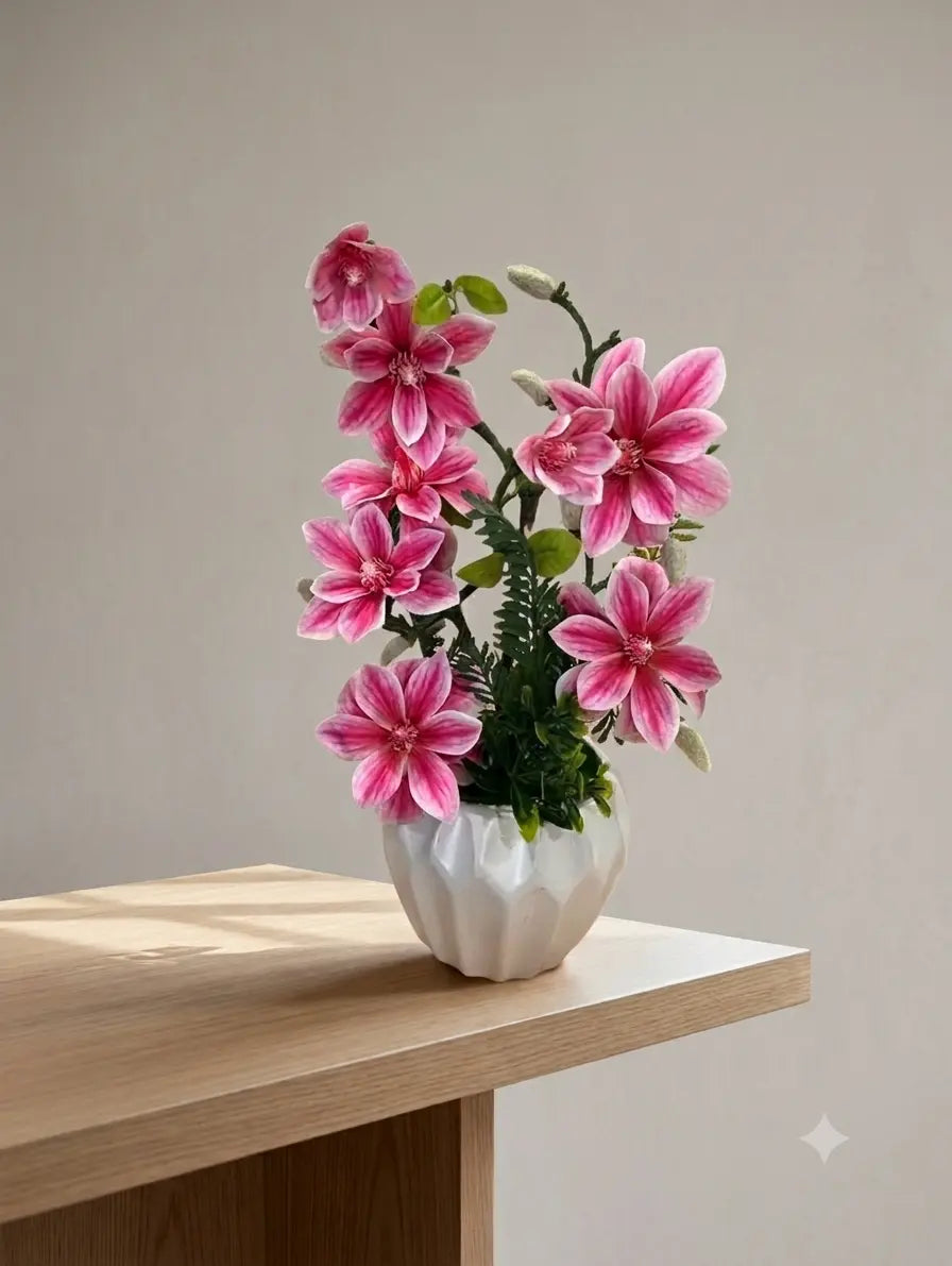 Artificial Pink Clematis Flower Arrangement in White Ceramic Pot