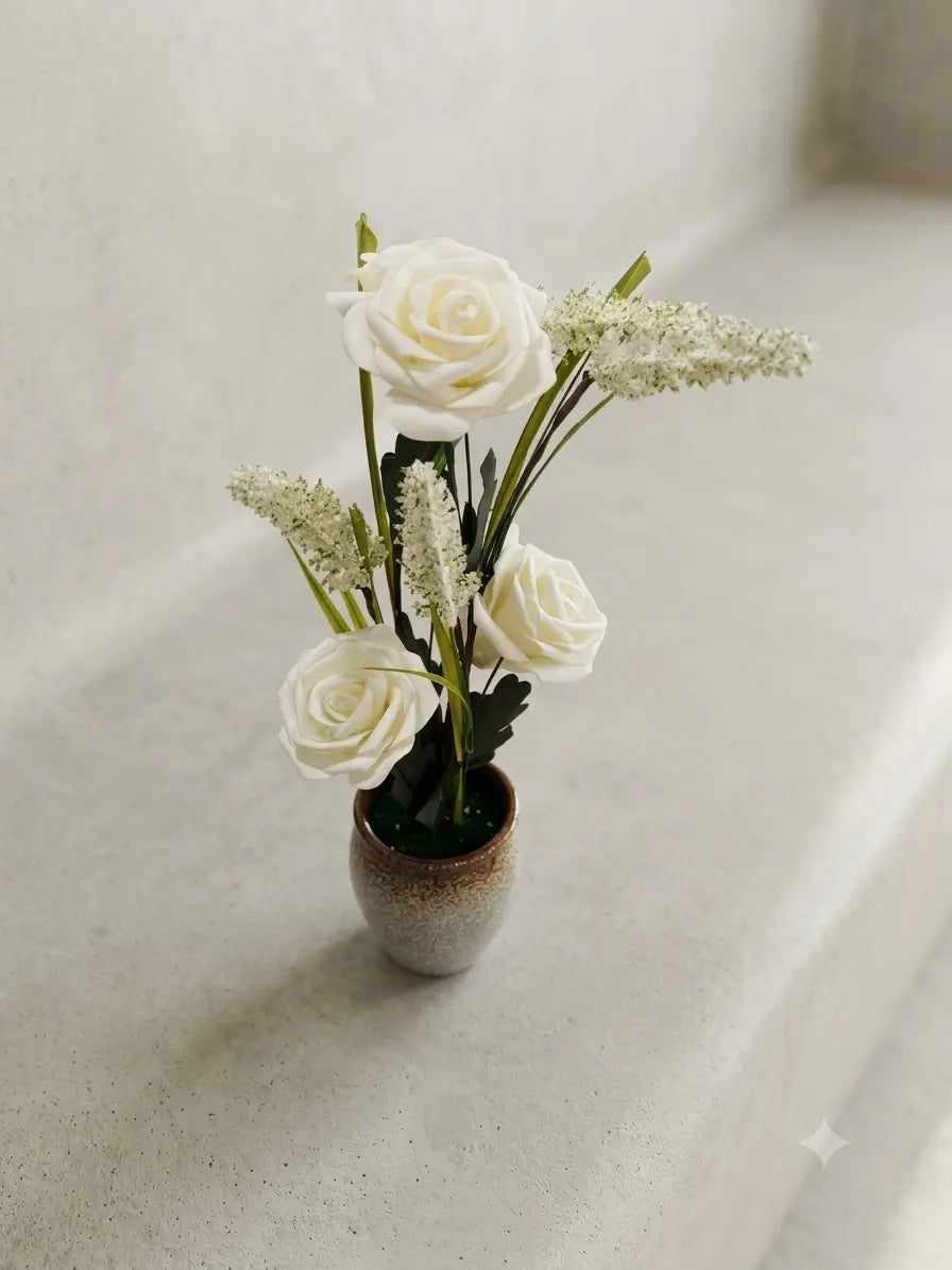Artificial Pink Rose Flower Pot for Home & Desk Decor