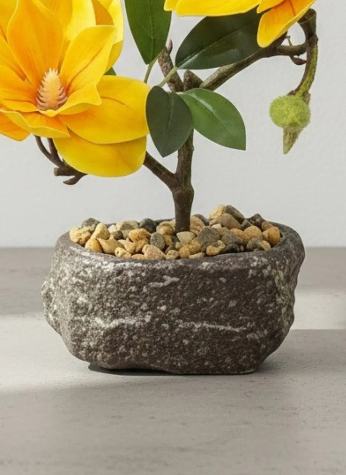 Artificial Yellow Magnolia Bonsai Plant in Stone Pot 27cm