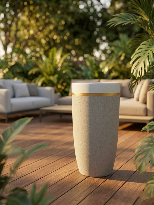 Decorative outdoor planter with gold accent on a wooden deck with greenery