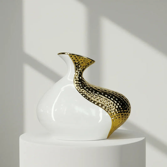 Modern Black & Gold Hammered Ceramic Decor Vase 27cm