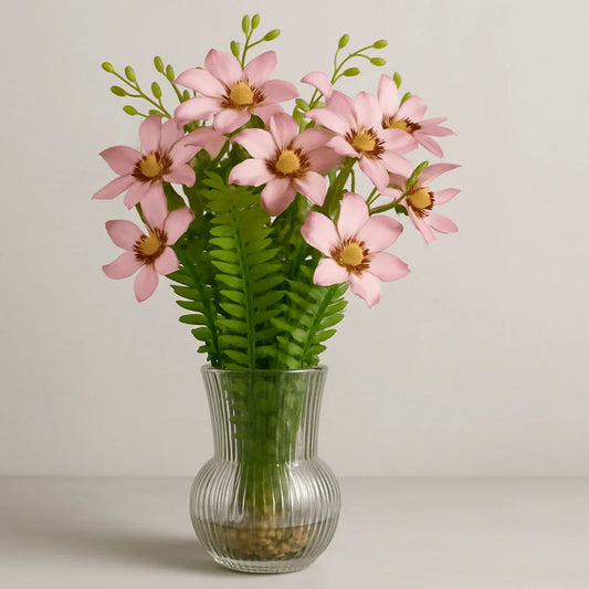 Artificial Plant with Faux Flowers in Glass Vase – Elegant Home Decor Accent 40 cm