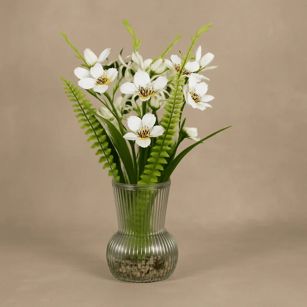 Artificial Plant with Faux Flowers in Glass Vase – Elegant Home Decor Accent 40 cm