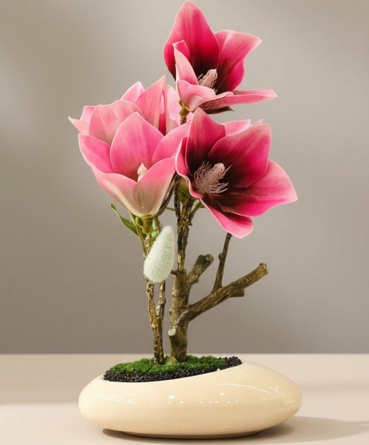 Artificial Pink Magnolia Bonsai Plant with Ceramic Pot 25cm