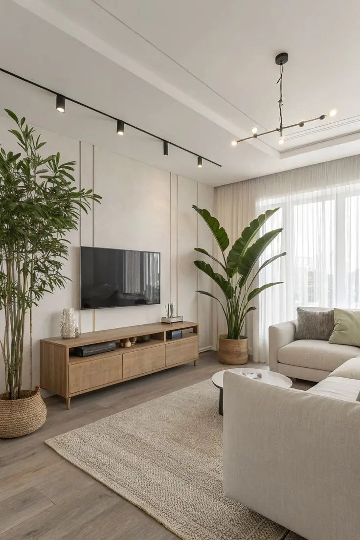 Modern living room with artificial indoor plants and wooden planters