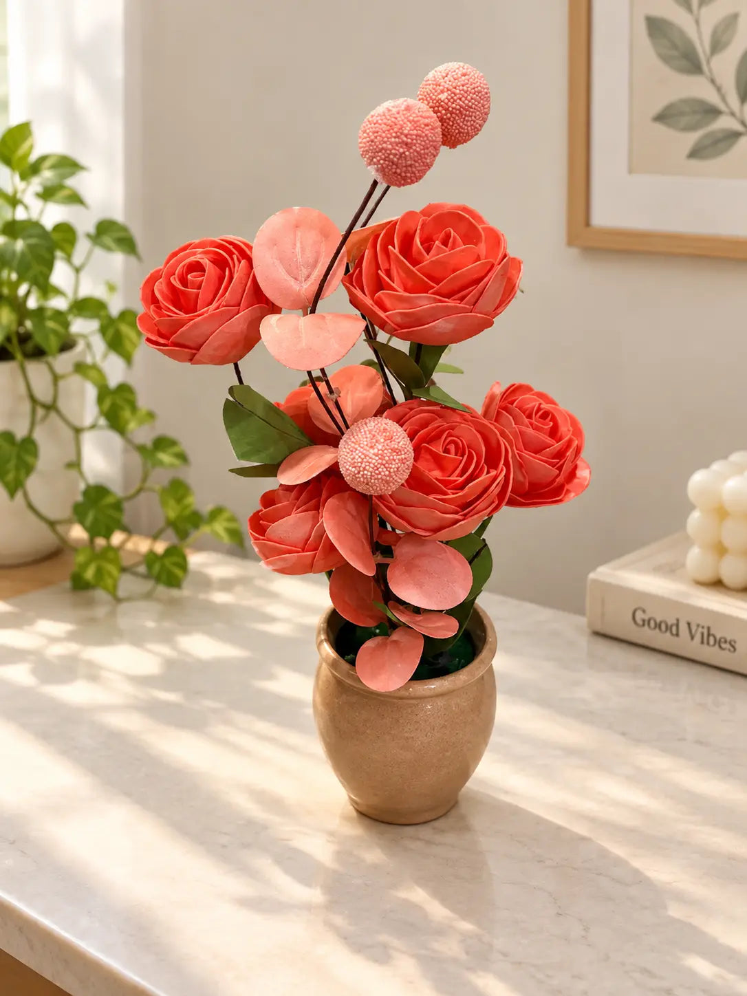 Coral Red Artificial Rose Flower Arrangement in Beige Pot