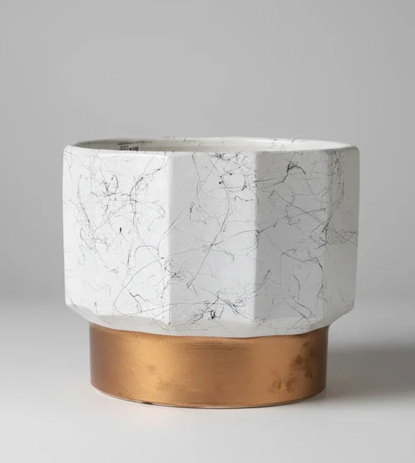 Nonagon White & Gold Finish Marble Finish Ceramic - 19CM