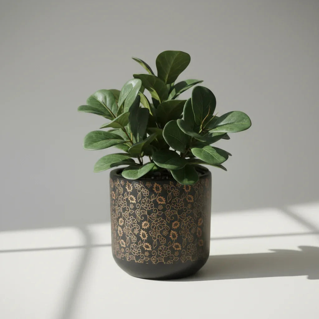 Black Etched Floral Pattern Ceramic Planter 40cm