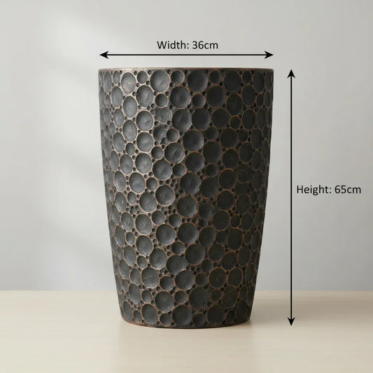 Tall Black Hammered Texture Ceramic Planter 36cm Width x 65cm height