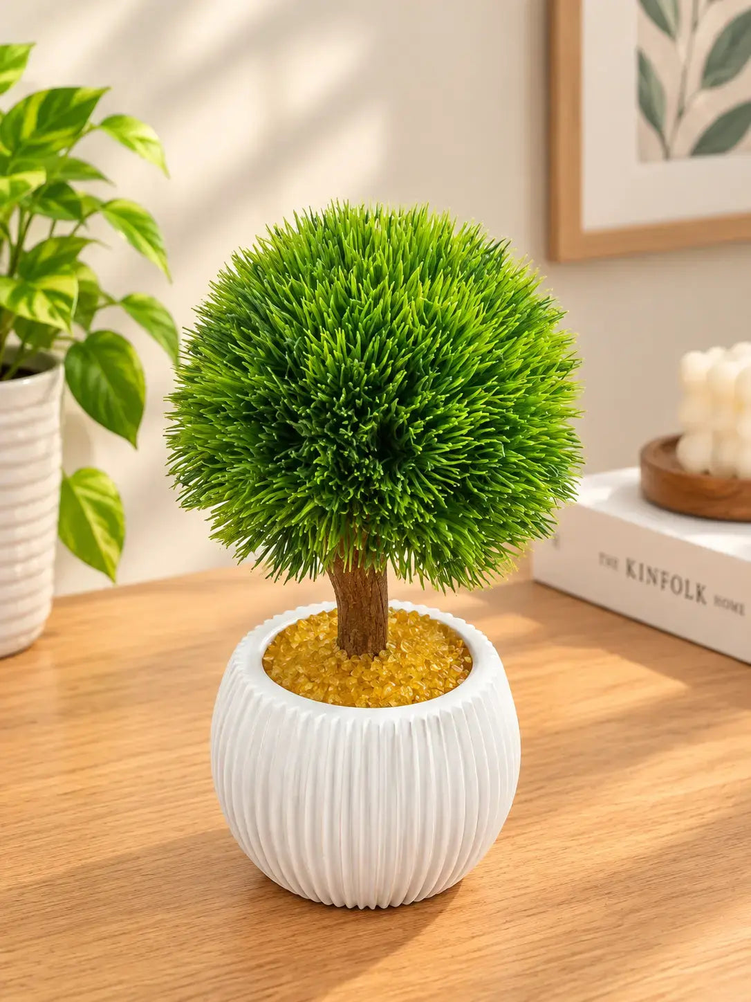 Artificial Green Ball Topiary Plant in White Pot