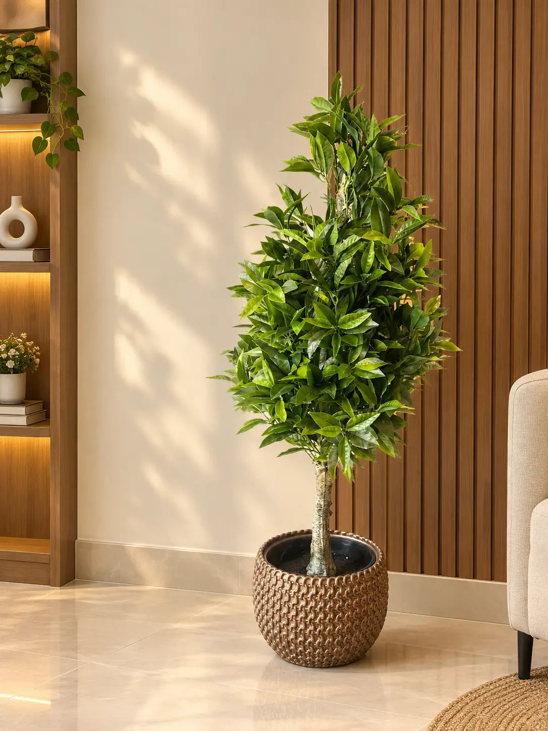 Indoor Artificial Green Tree in Decorative Brown Planter
