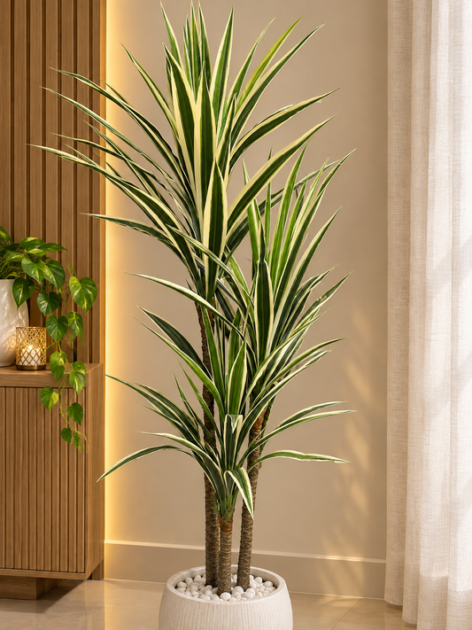 Artificial Variegated Yucca Plant in White Decorative Planter