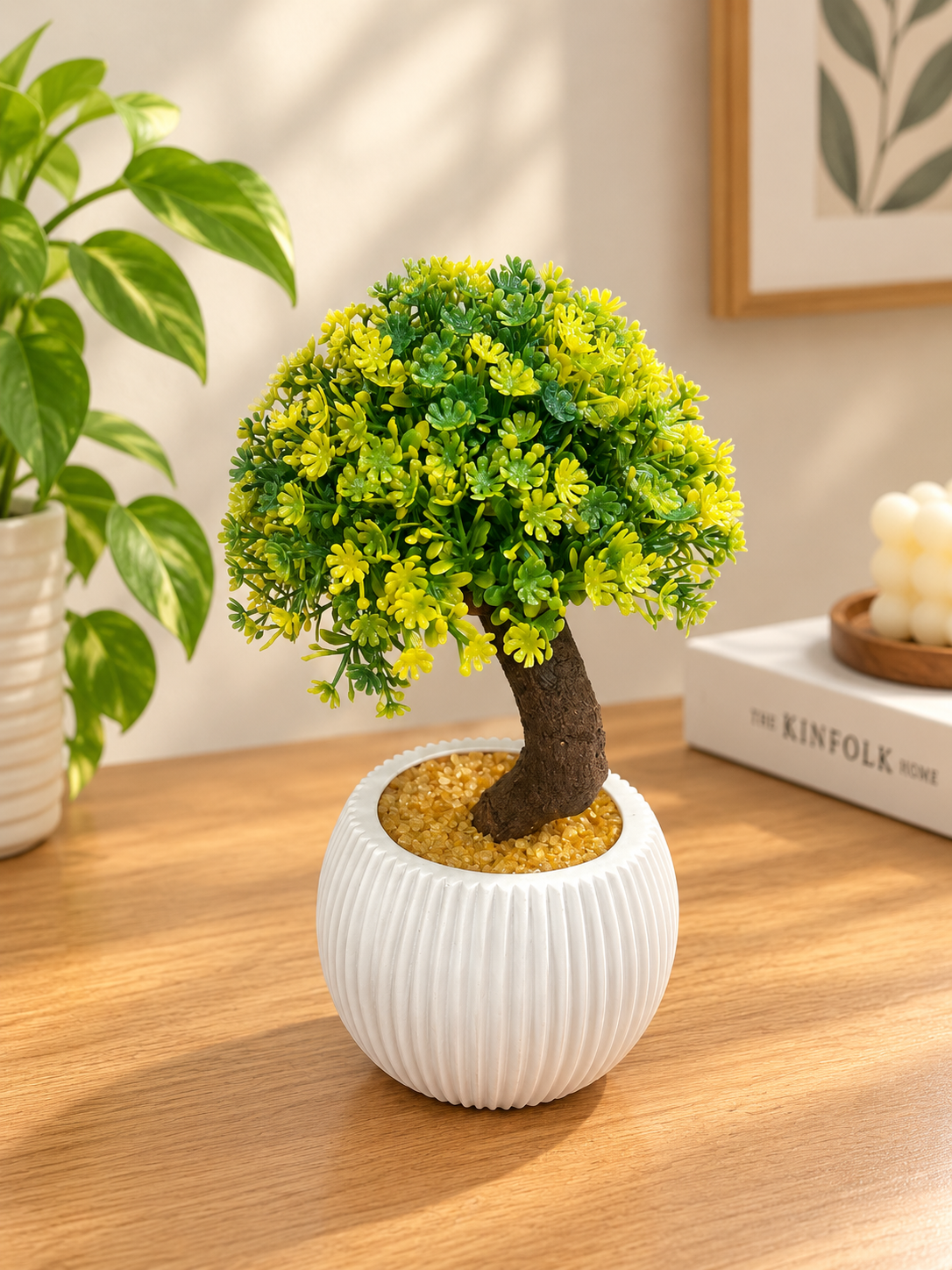 Artificial Green Ball Topiary Plant in White Pot