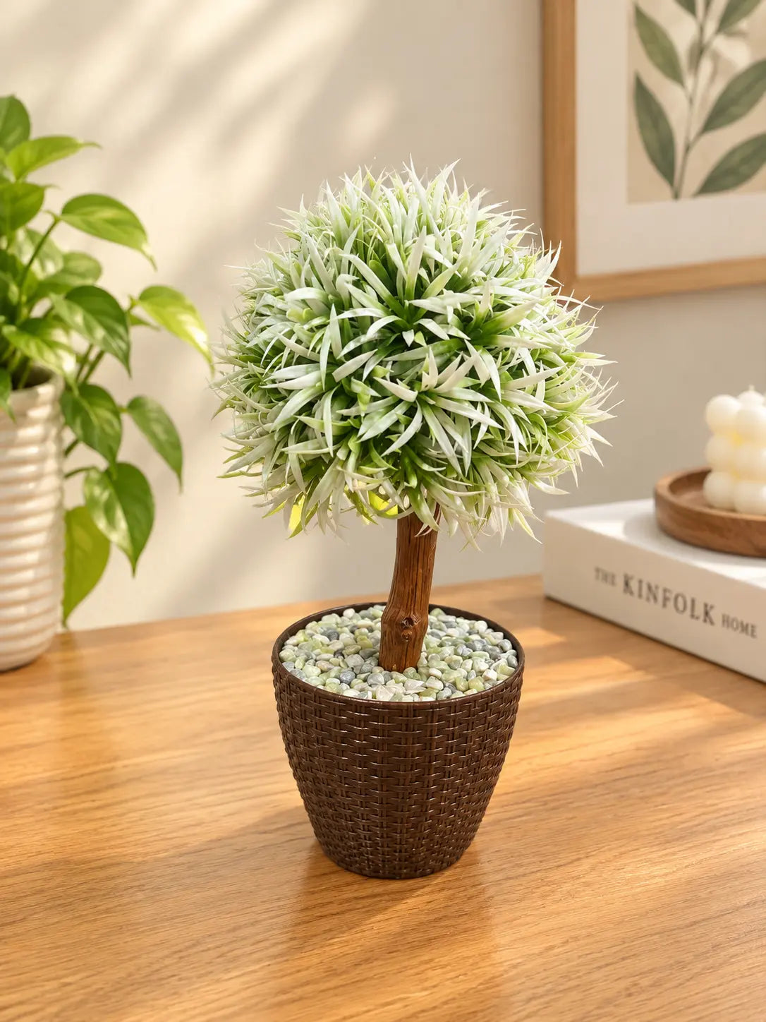 Artificial Green Ball Topiary Plant in White Pot