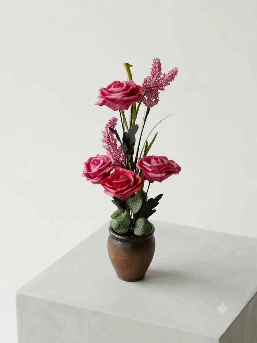 Artificial Pink Rose Flower Pot for Home & Desk Decor