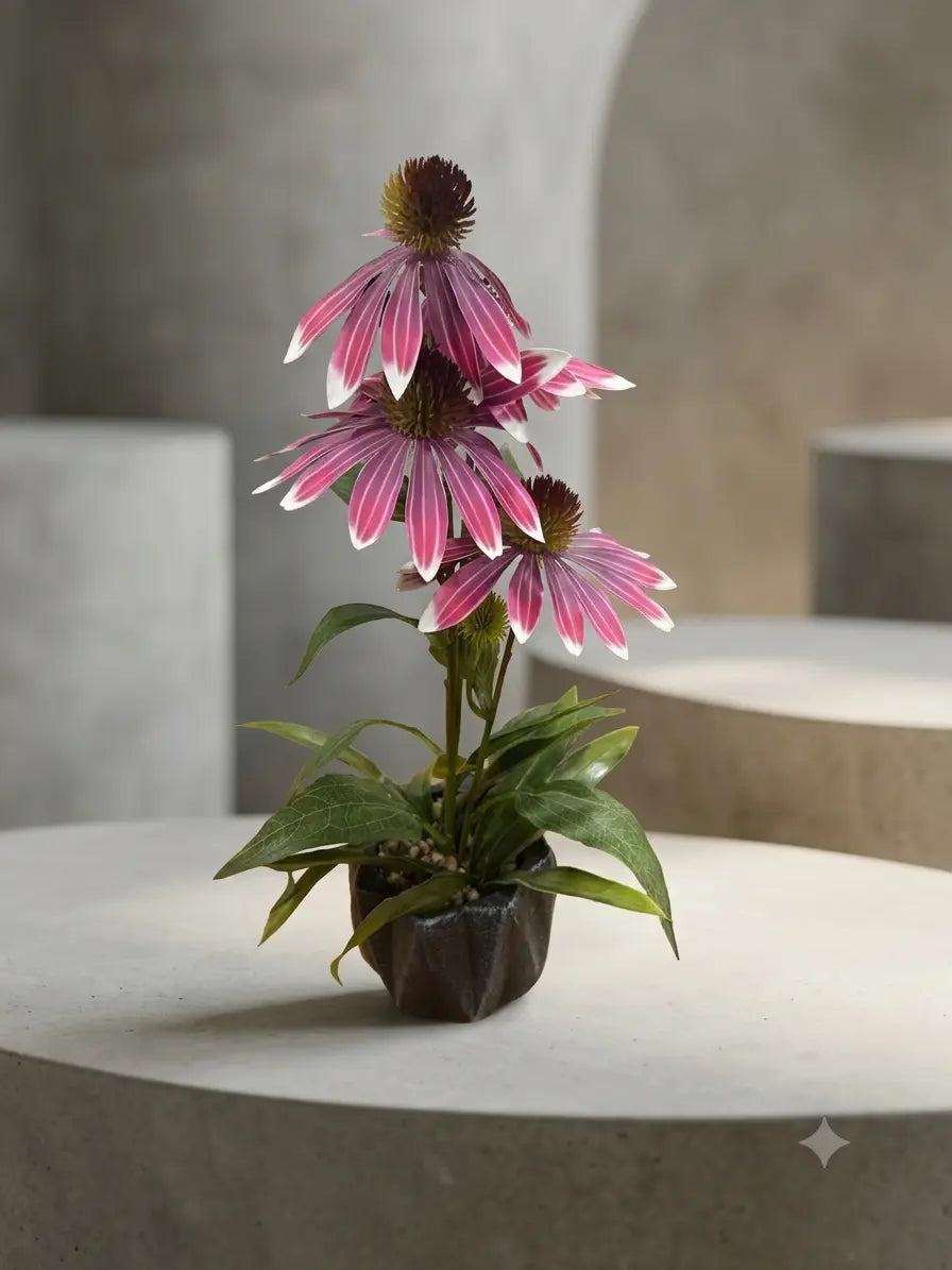 Artificial Purple Coneflower (Echinacea) Plant in Geometric Pot