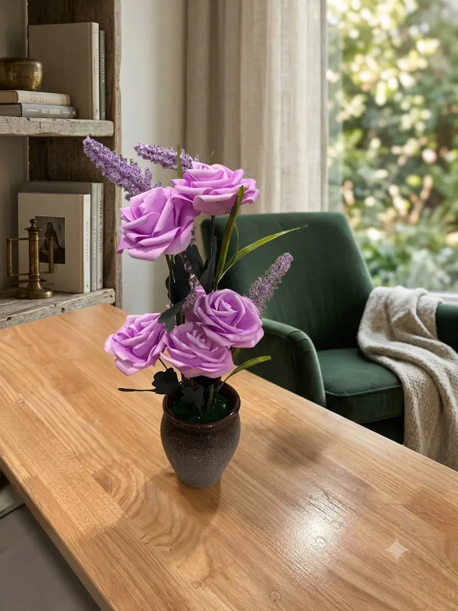 Artificial Pink Rose Flower Pot for Home & Desk Decor