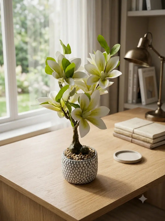 Artificial Magnolia Bonsai Tree in Grey Pot | Lifelike Desk Plant