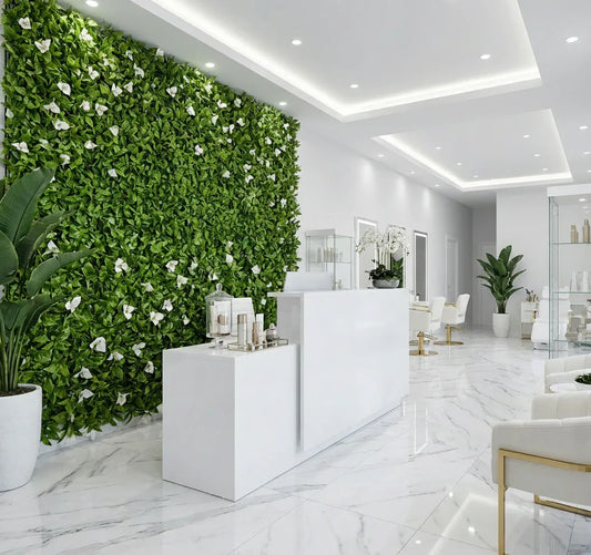 Modern interior design with a green wall, white furniture, and marble floor.