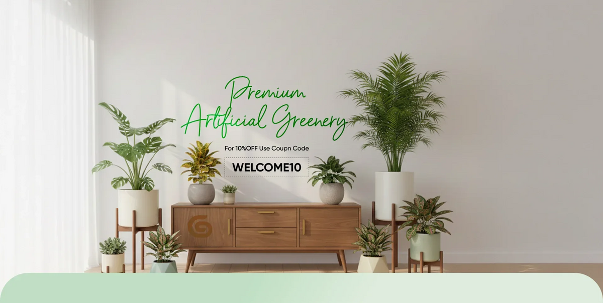 Modern living room with artificial greenery and a wooden cabinet.