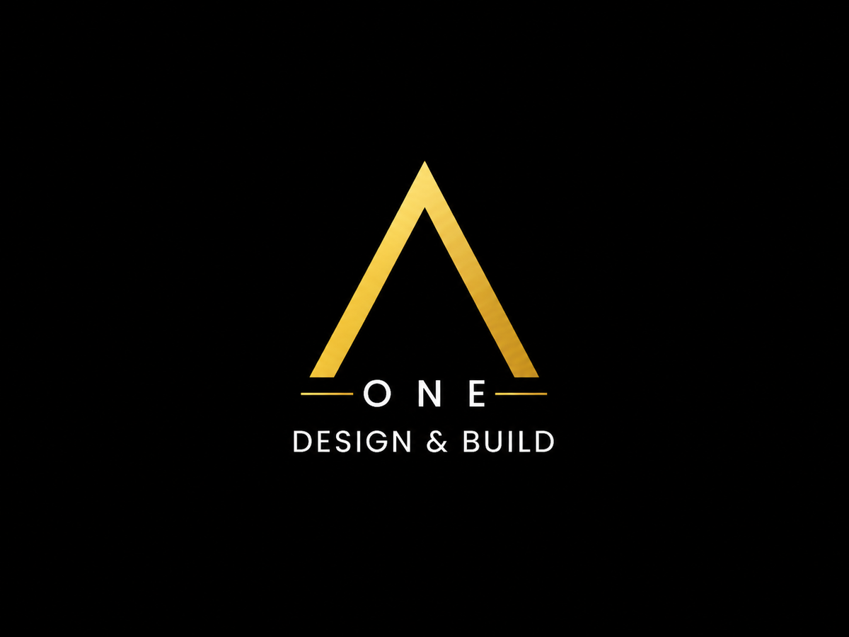 A minimalist gold and white logo on a solid black background, featuring a stylized golden triangle above the text 'ONE DESIGN & BUILD'.