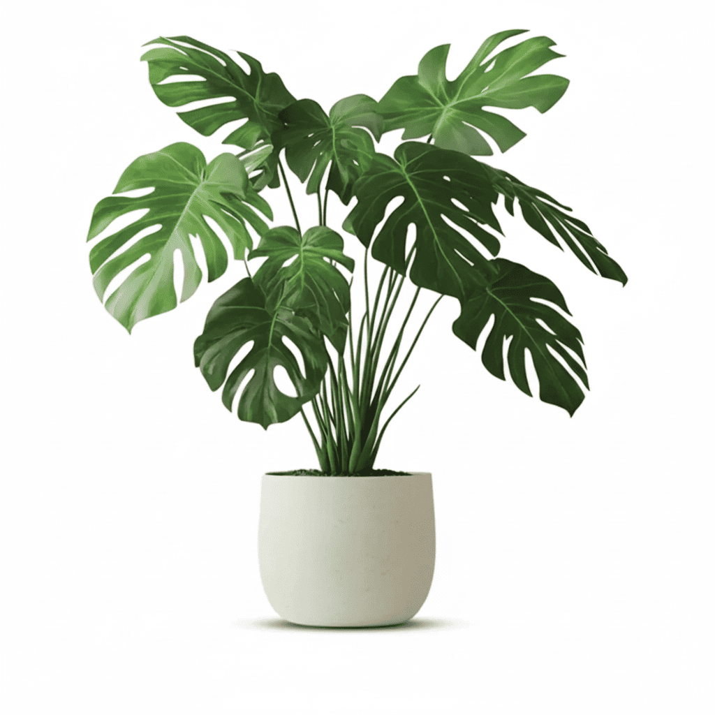 Potted plant with large green leaves on a white background