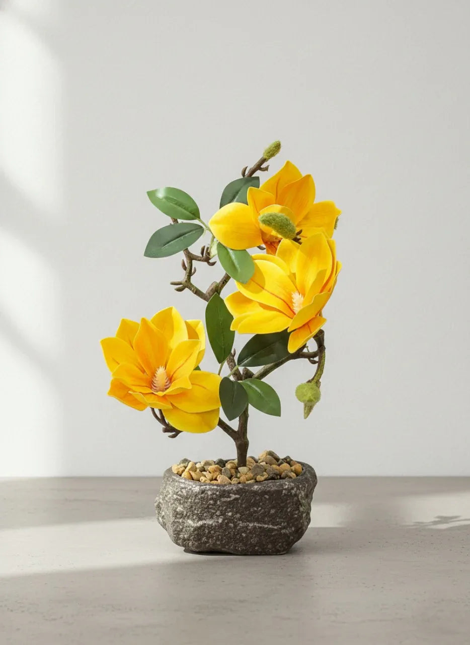 Artificial Yellow Magnolia Bonsai Plant in Stone Pot 27cm