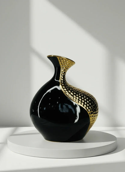 Modern Black & Gold Hammered Ceramic Decor Vase 27cm