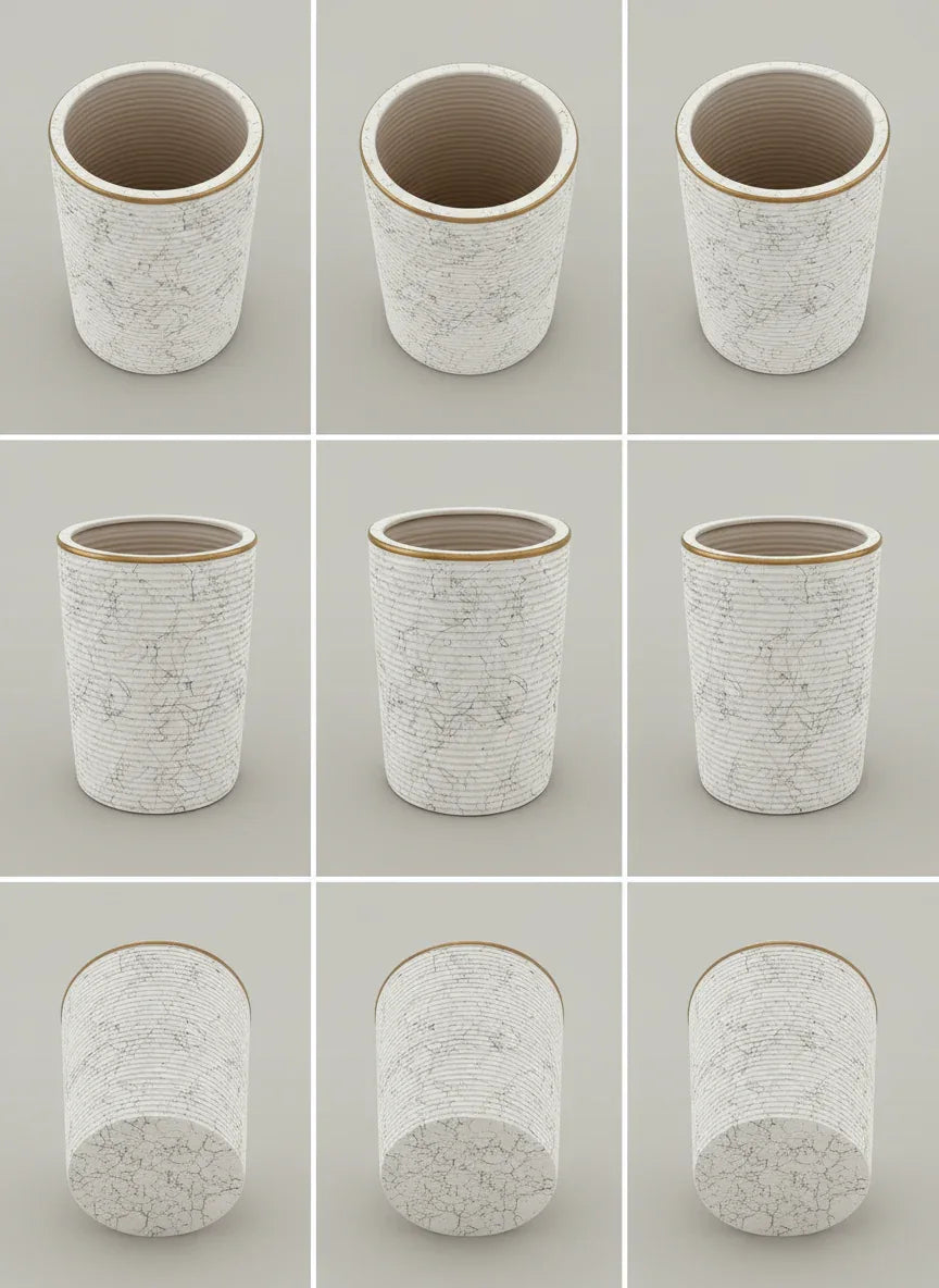 White Marble Ribbed Ceramic Planter with Gold Rim