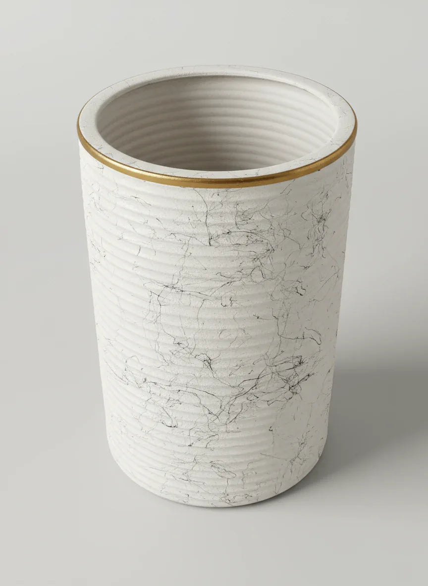 White Marble Ribbed Ceramic Planter with Gold Rim
