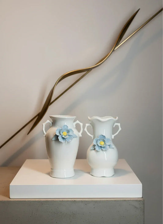 White Ceramic Flower Vase Set with Blue Floral Detail