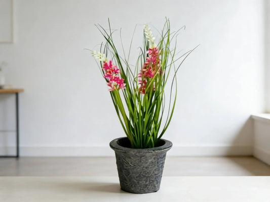 Artificial Wild Grass & Pink Flower Plant in Ceramic Pot 30cm