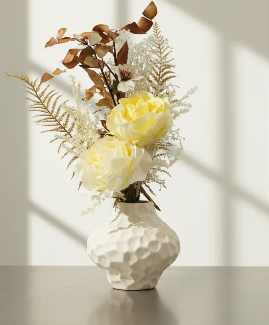Artificial Rose Flower Arrangement in White Textured Ceramic Vase 43 cm